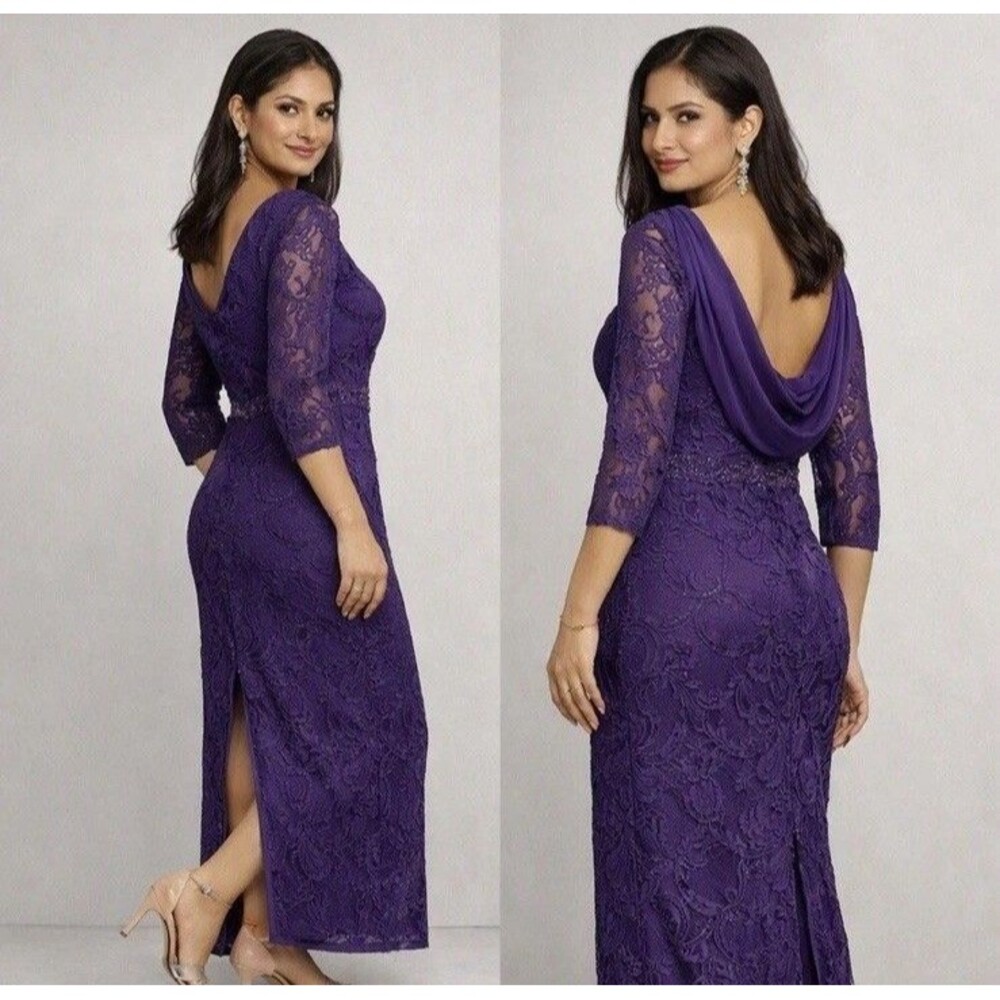Sue Wong Gown Dress 0 Plum Purple Embellished Back Drape Column Formal Gala Prom